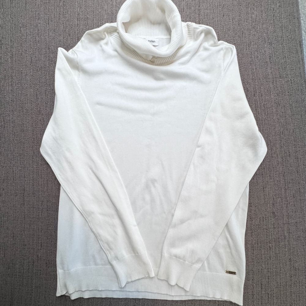Calvin Klein Womens White Turtleneck Sweater Long Sleeve Gold Logo CKMRA0105J XL